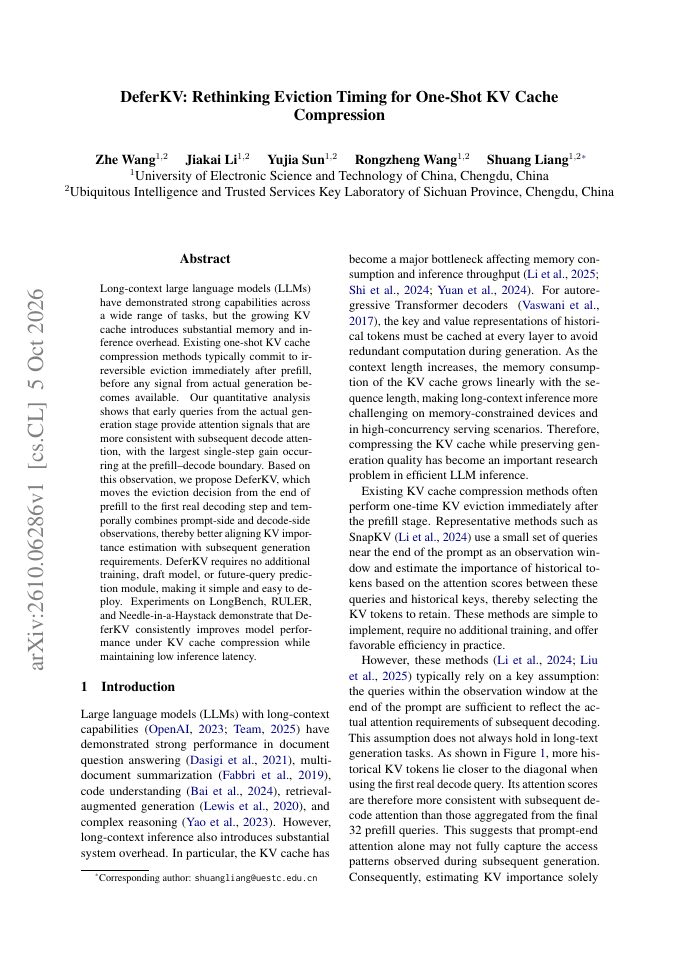 First page of DeferKV: Rethinking Eviction Timing for One-Shot KV Cache Compression