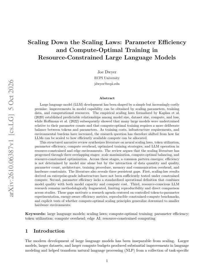 First page of Scaling Down the Scaling Laws: Parameter Efficiency and Compute-Optimal Training in Resource-Constrained Large Language Models