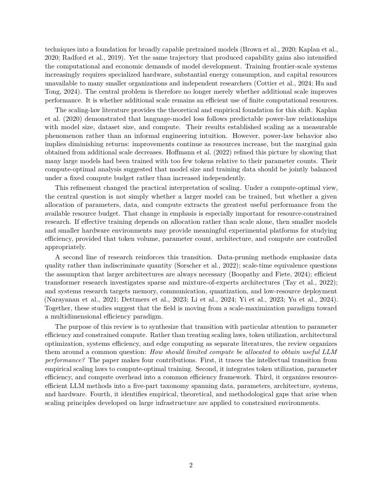 Page 2 of Scaling Down the Scaling Laws: Parameter Efficiency and Compute-Optimal Training in Resource-Constrained Large Language Models