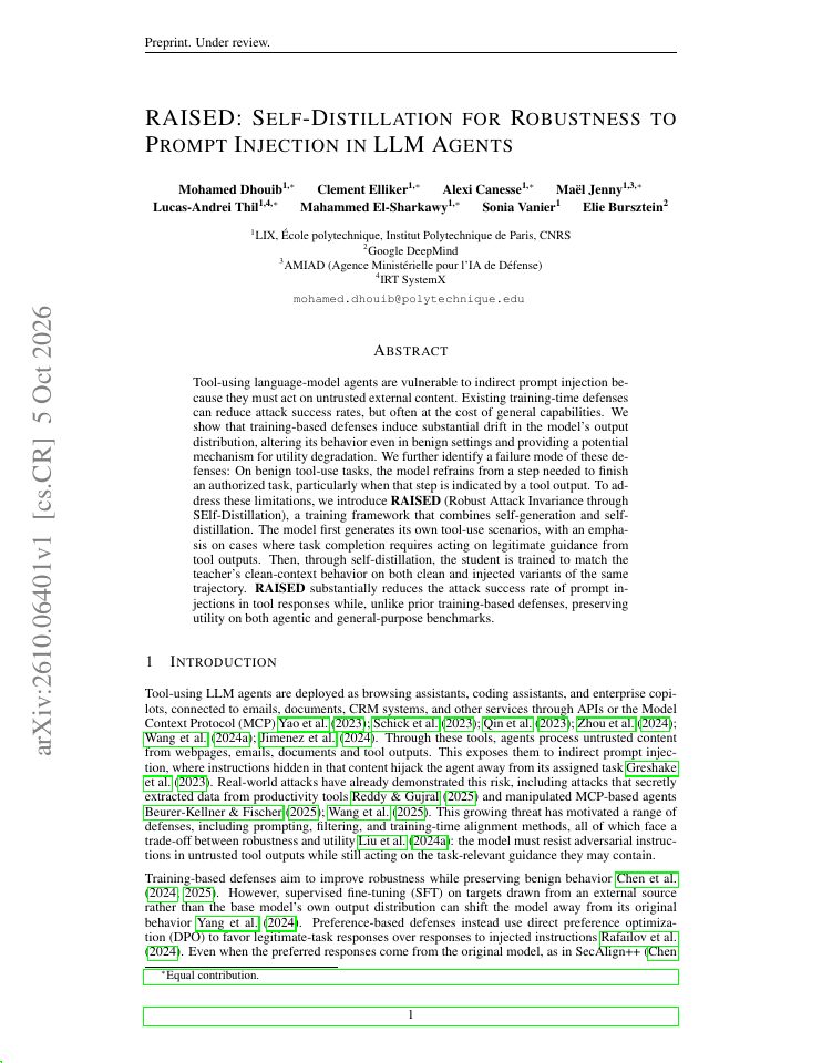 First page of RAISED: Self-Distillation for Robustness to Prompt Injection in LLM Agents