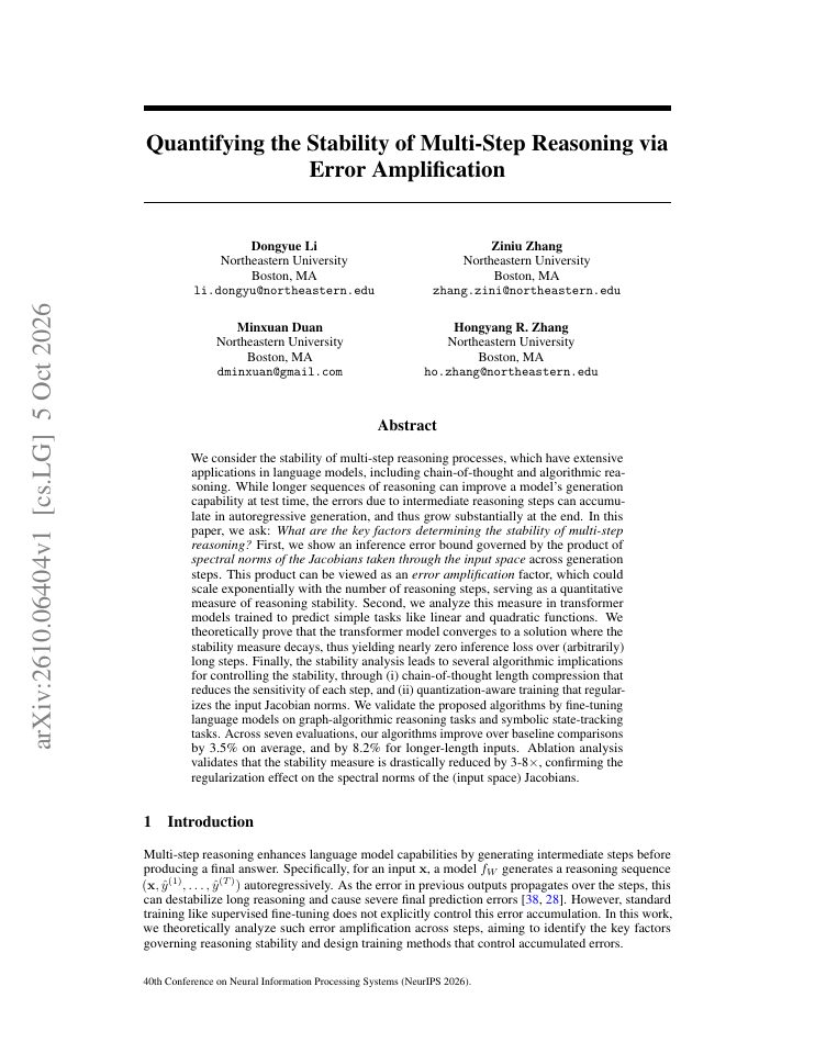 First page of Quantifying the Stability of Multi-Step Reasoning via Error Amplification