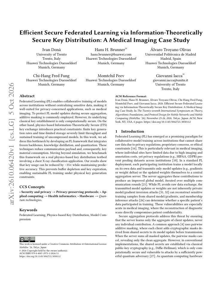 First page of Efficient Secure Federated Learning via Information-Theoretically Secure Key Distribution: A Medical Imaging Case Study
