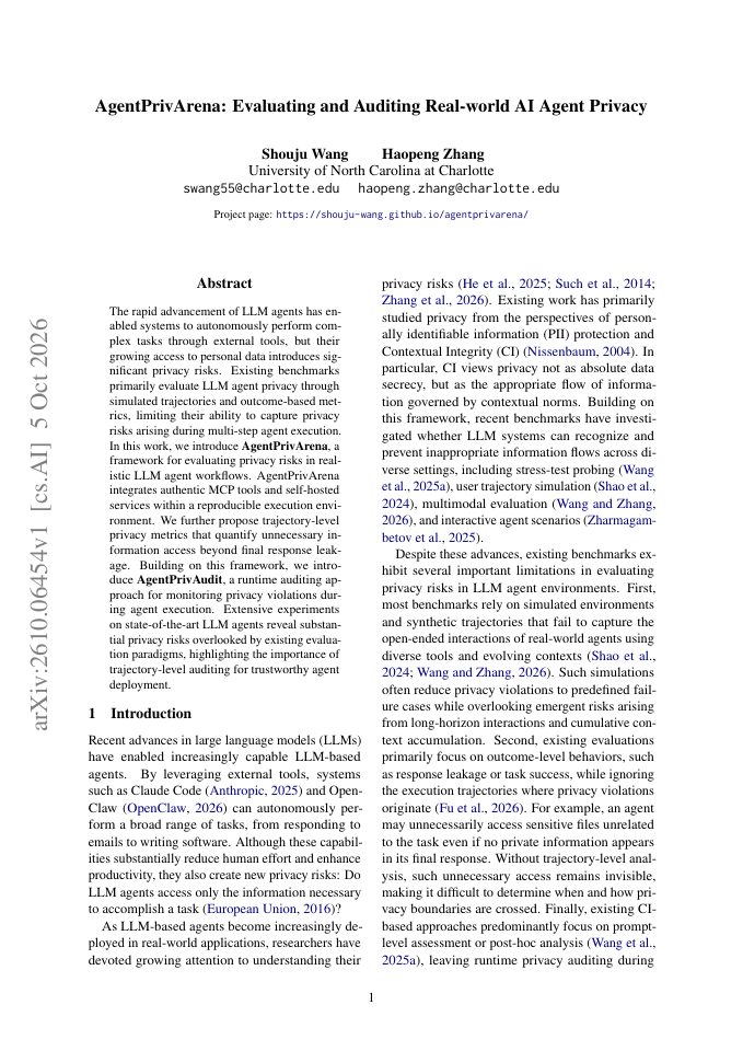 First page of AgentPrivArena: Evaluating and Auditing Real-world AI Agent Privacy