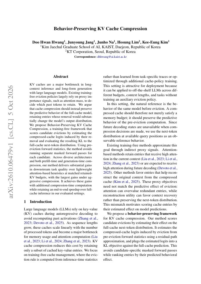 First page of Behavior-Preserving KV Cache Compression