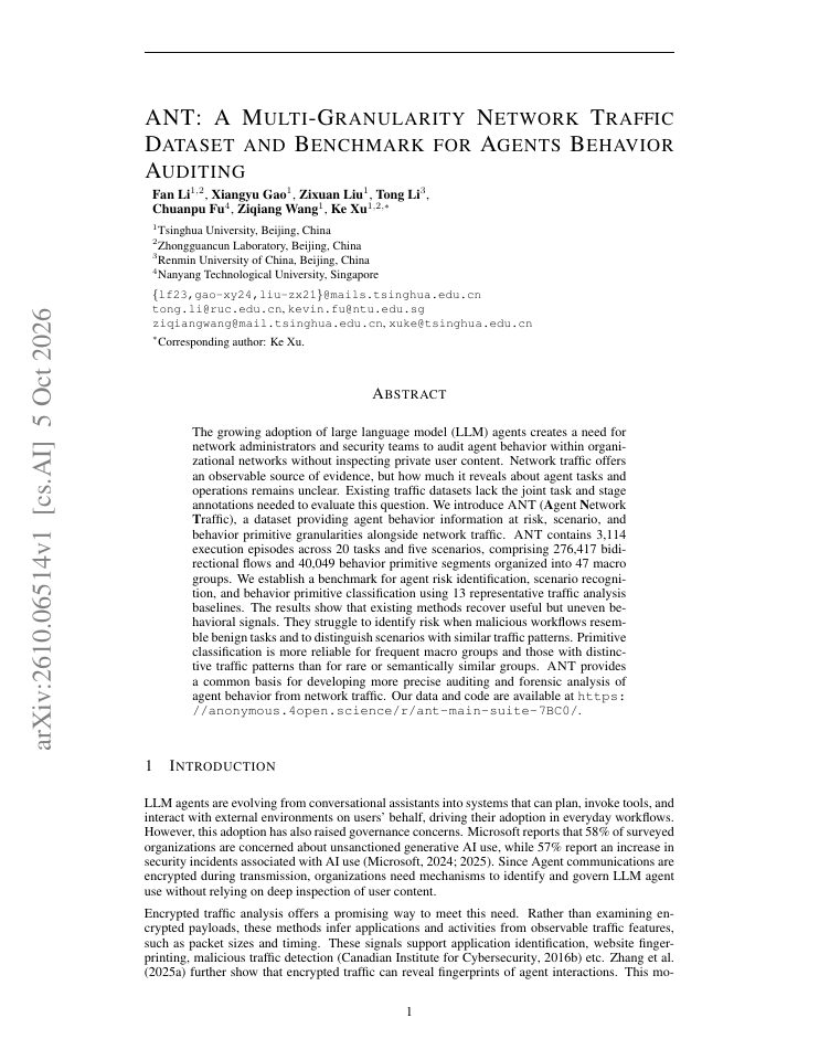 First page of ANT: A Multi-Granularity Network Traffic Dataset and Benchmark for Agents Behavior Auditing