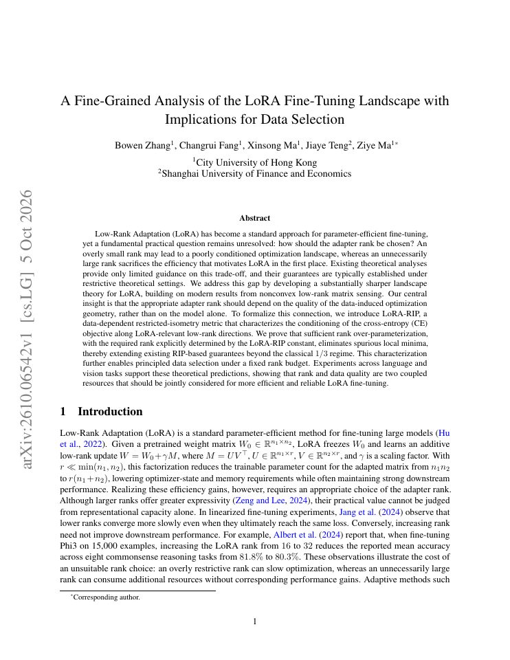 First page of A Fine-Grained Analysis of the LoRA Fine-Tuning Landscape with Implications for Data Selection