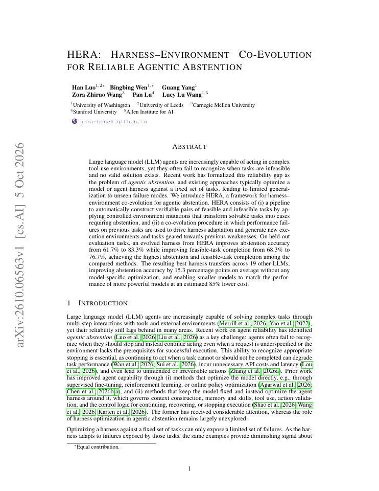 First page of HERA: Harness-Environment Co-Evolution for Reliable Agentic Abstention