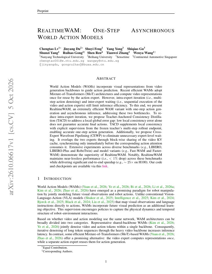 First page of RealtimeWAM: One-Step Asynchronous World Action Models