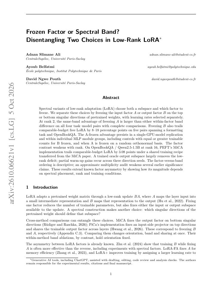 First page of Frozen Factor or Spectral Band? Disentangling Two Choices in Low-Rank LoRA