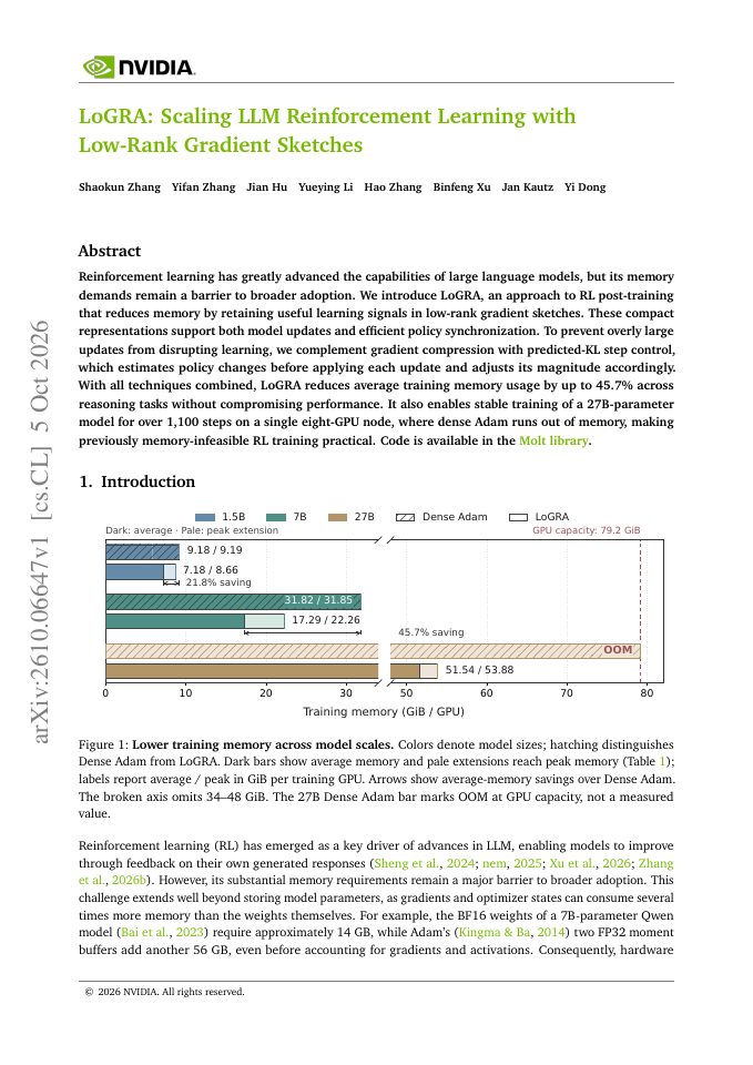 First page of LoGRA: Scaling LLM Reinforcement Learning with Low-Rank Gradient Sketches