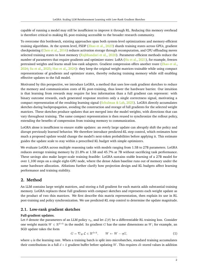 Page 2 of LoGRA: Scaling LLM Reinforcement Learning with Low-Rank Gradient Sketches