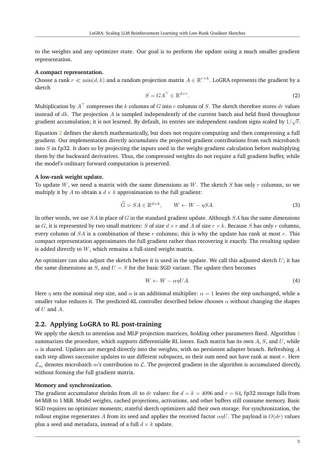 Page 3 of LoGRA: Scaling LLM Reinforcement Learning with Low-Rank Gradient Sketches