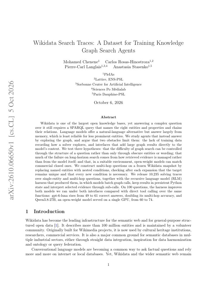 First page of Wikidata Search Traces: A Dataset for Training Knowledge Graph Search Agents