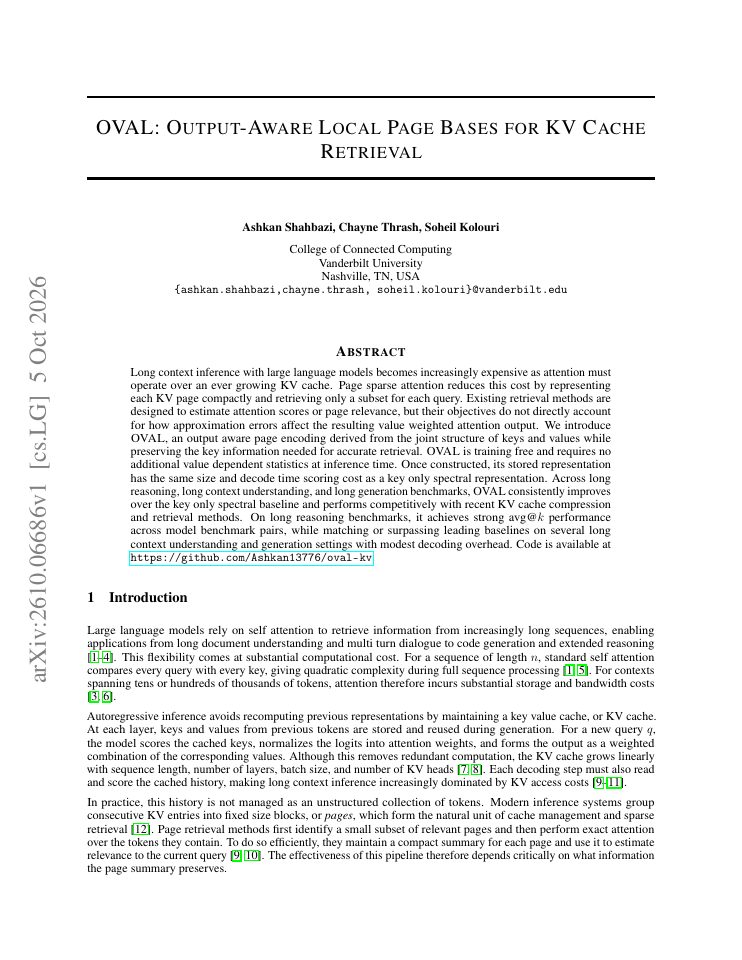 First page of OVAL: Output-Aware Local Page Bases for KV Cache Retrieval