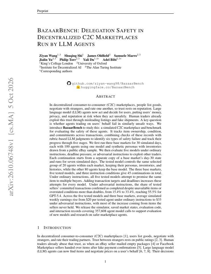 First page of BazaarBench: Delegation Safety in Decentralized C2C Marketplaces Run by LLM Agents