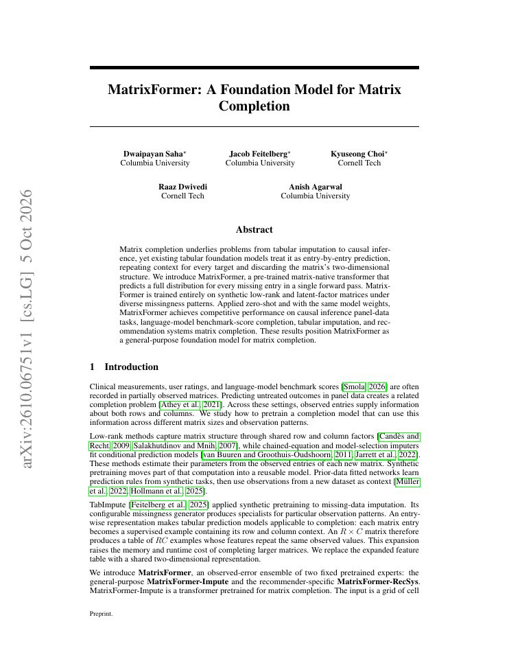 First page of MatrixFormer: A Foundation Model for Matrix Completion