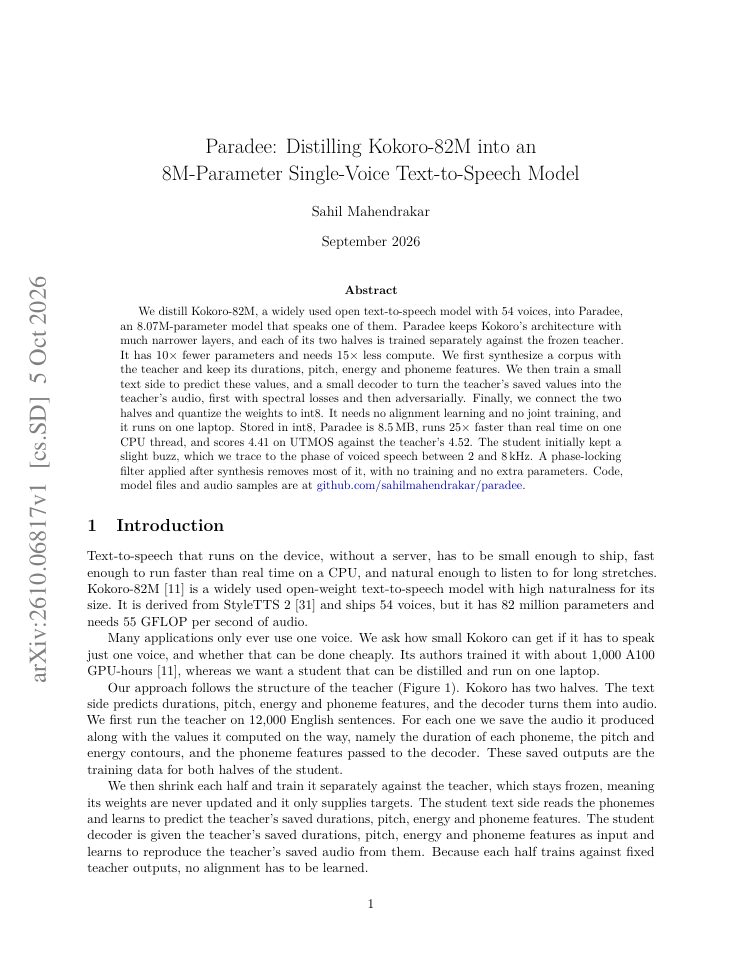 First page of Paradee: Distilling Kokoro-82M into an 8M-Parameter Single-Voice Text-to-Speech Model