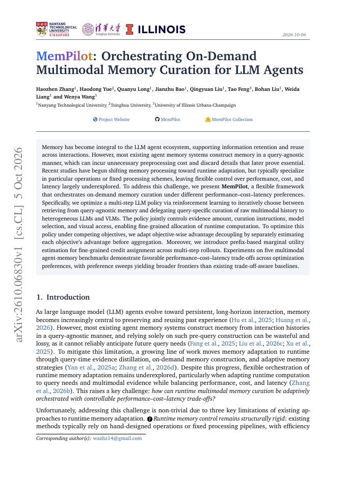 First page of MemPilot: Orchestrating On-Demand Multimodal Memory Curation for LLM Agents