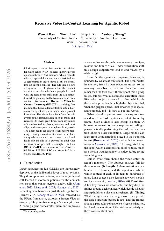 First page of Recursive Video In-Context Learning for Agentic Robot