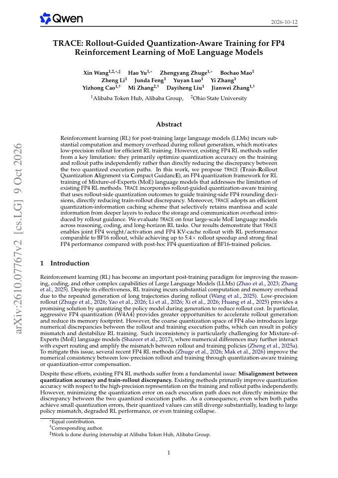 First page of TRACE: Rollout-Guided Quantization-Aware Training for FP4 Reinforcement Learning of MoE Language Models