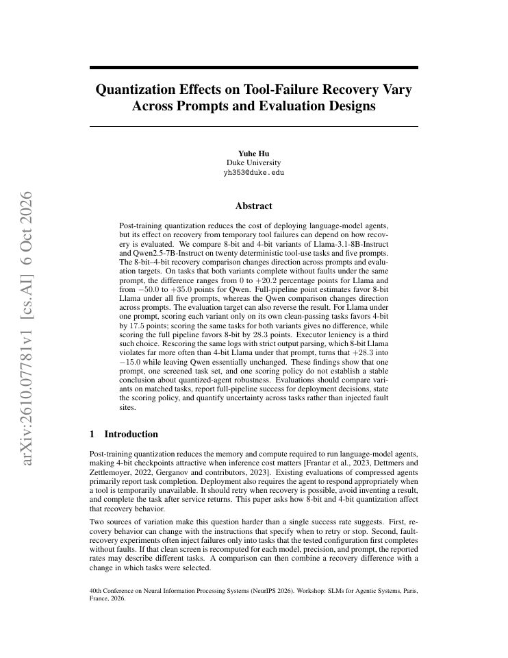 First page of Quantization Effects on Tool-Failure Recovery Vary Across Prompts and Evaluation Designs