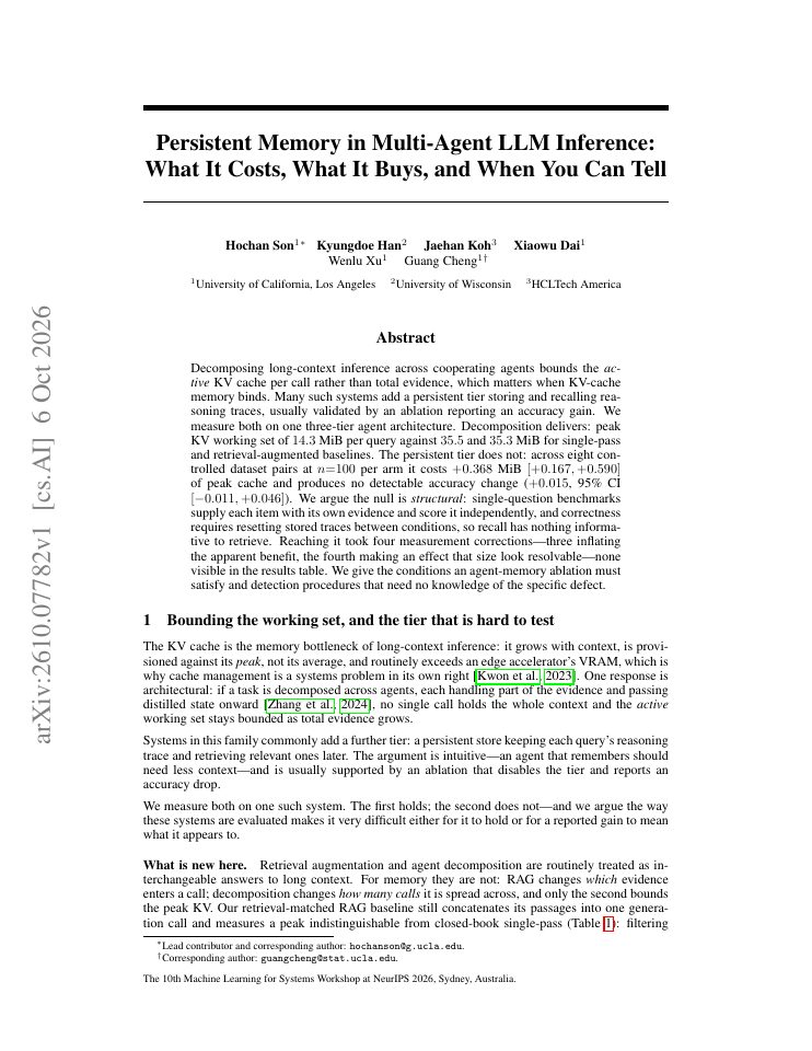 First page of Persistent Memory in Multi-Agent LLM Inference: What It Costs, What It Buys, and When You Can Tell