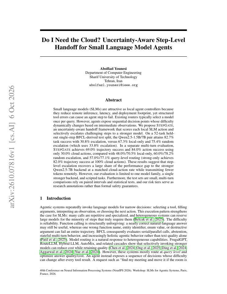 First page of Do I Need the Cloud? Uncertainty-Aware Step-Level Handoff for Small Language Model Agents