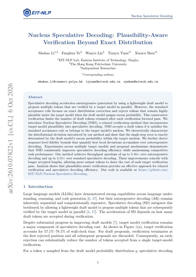 First page of Nucleus Speculative Decoding: Plausibility-Aware Verification Beyond Exact Distribution
