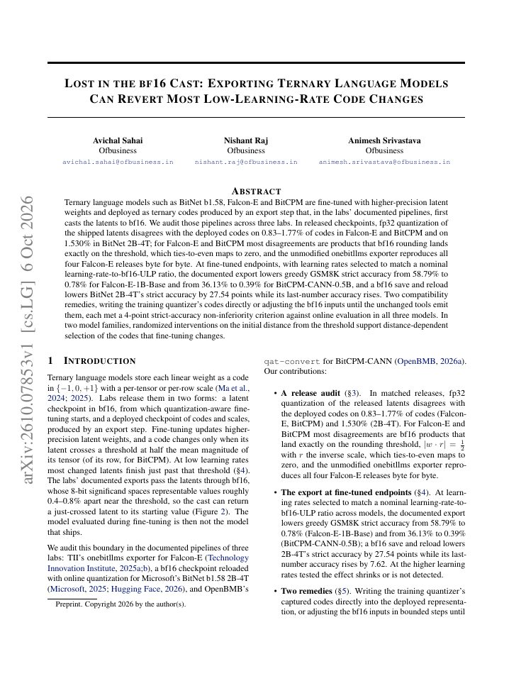 First page of Lost in the bf16 Cast: Exporting Ternary Language Models Can Revert Most Low-Learning-Rate Code Changes