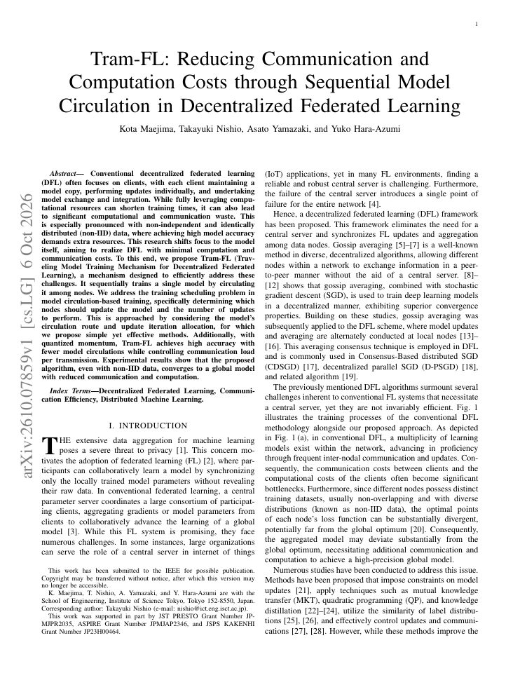 First page of Tram-FL: Reducing Communication and Computation Costs through Sequential Model Circulation in Decentralized Federated Learning