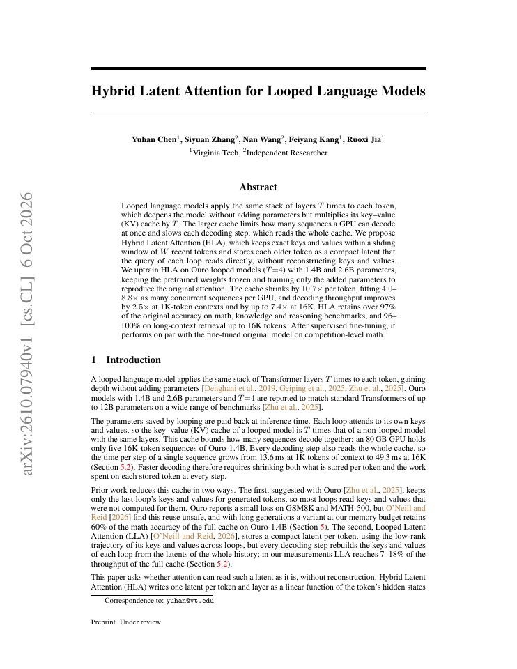 First page of Hybrid Latent Attention for Looped Language Models