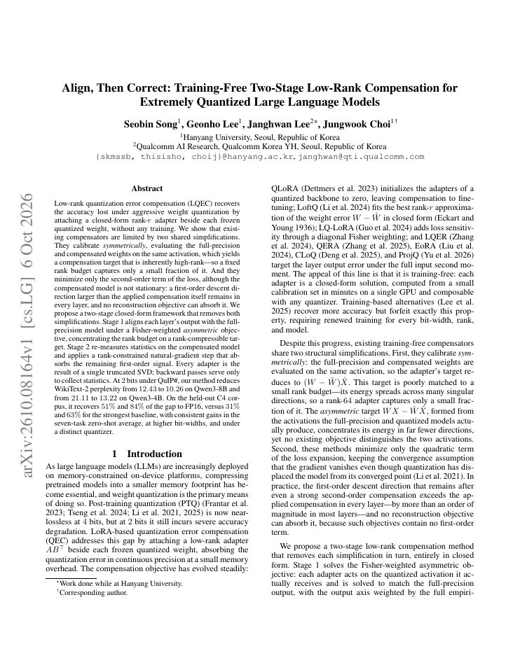 First page of Align, Then Correct: Training-Free Two-Stage Low-Rank Compensation for Extremely Quantized Large Language Models
