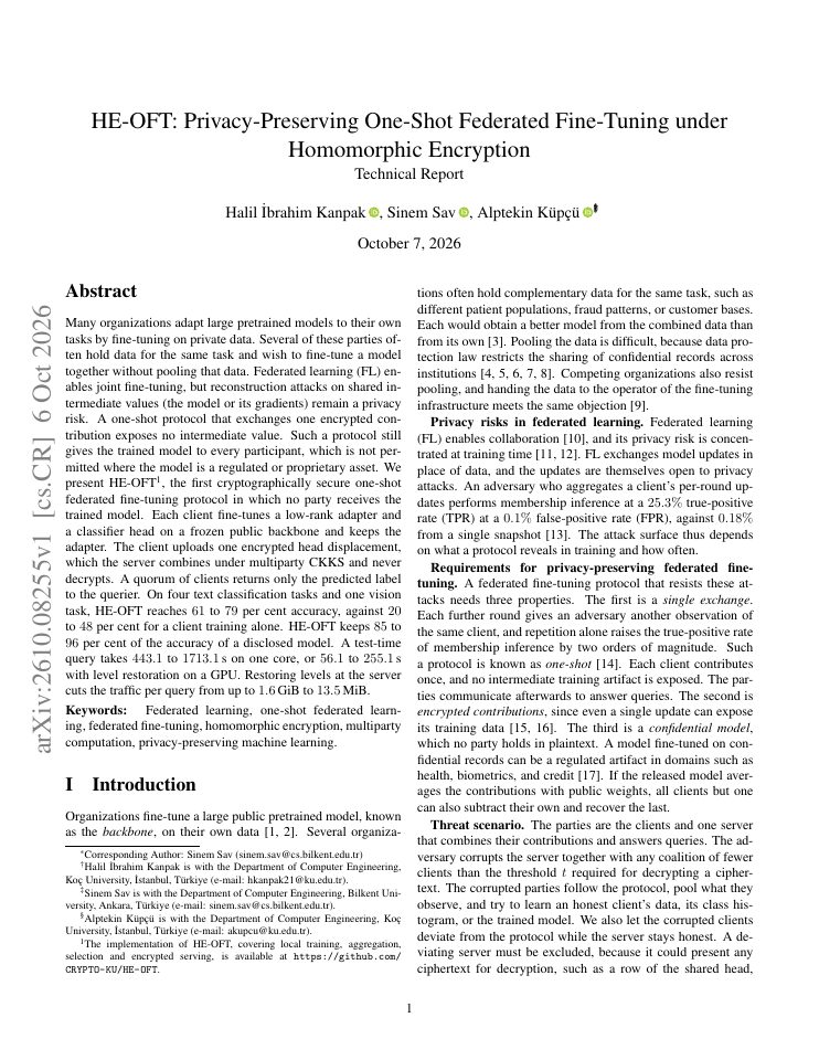 First page of HE-OFT: Privacy-Preserving One-Shot Federated Fine-Tuning under Homomorphic Encryption