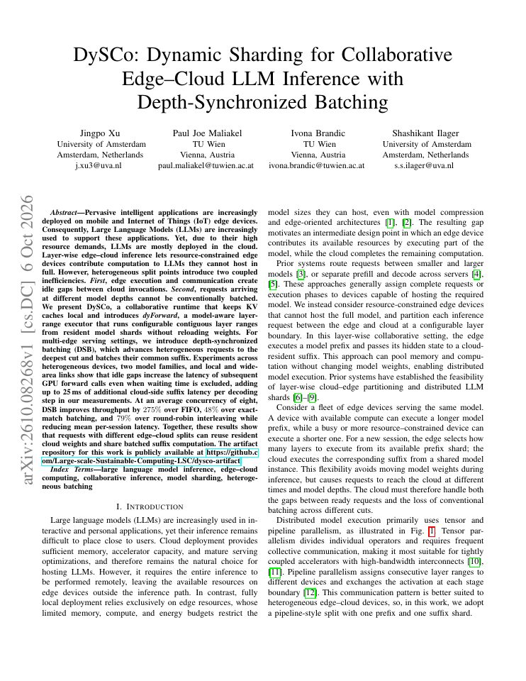 First page of DySCo: Dynamic Sharding for Collaborative Edge-Cloud LLM Inference with Depth-Synchronized Batching