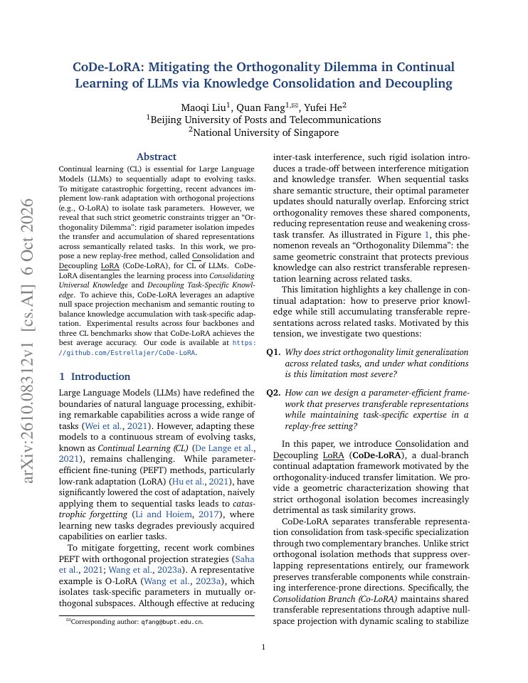 First page of CoDe-LoRA: Mitigating the Orthogonality Dilemma in Continual Learning of LLMs via Knowledge Consolidation and Decoupling