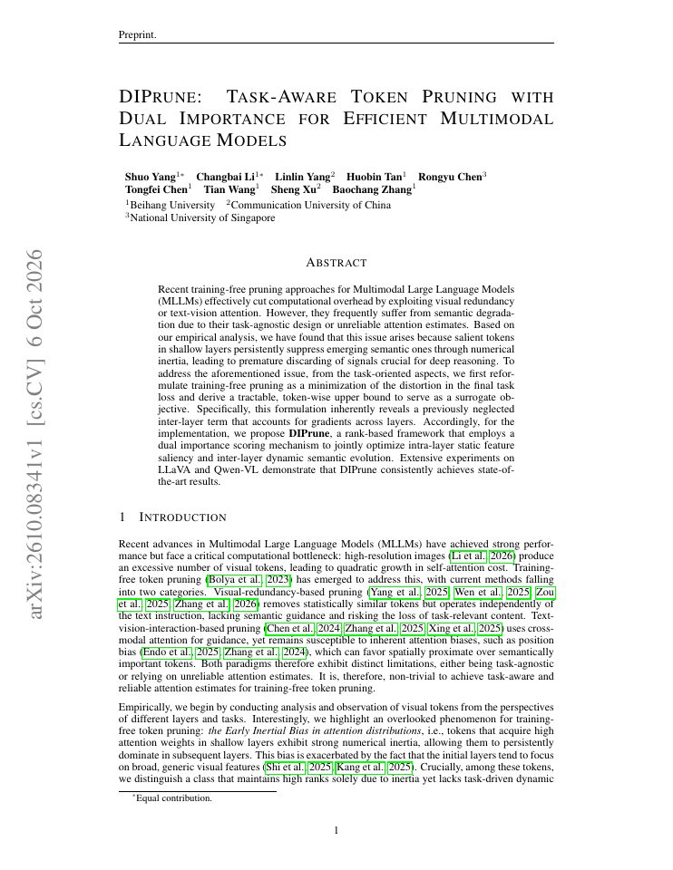 First page of DIPrune: Task-Aware Token Pruning with Dual Importance for Efficient Multimodal Language Models