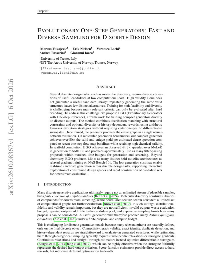 First page of Evolutionary One-Step Generators: Fast and Diverse Sampling for Discrete Design
