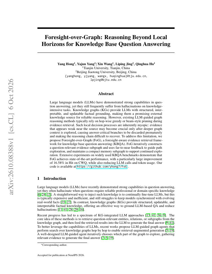 First page of Foresight-over-Graph: Reasoning Beyond Local Horizons for Knowledge Base Question Answering