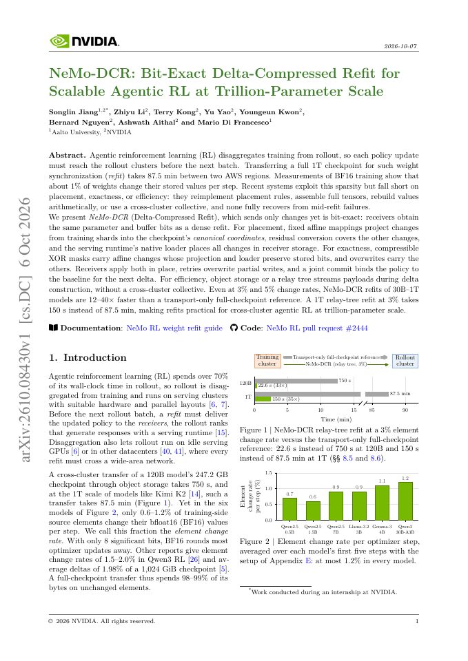 First page of NeMo-DCR: Bit-Exact Delta-Compressed Refit for Scalable Agentic RL at Trillion-Parameter Scale
