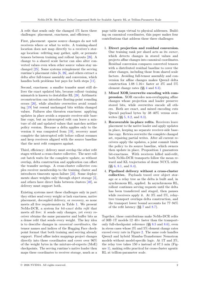 Page 2 of NeMo-DCR: Bit-Exact Delta-Compressed Refit for Scalable Agentic RL at Trillion-Parameter Scale