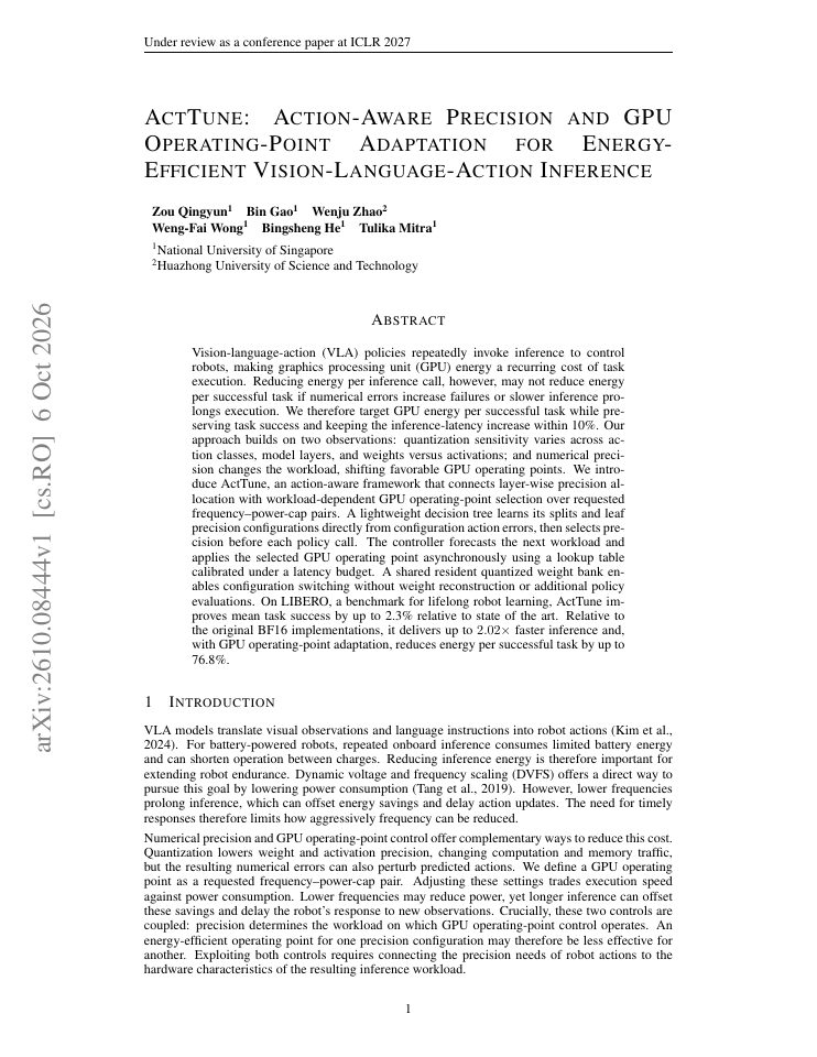 First page of ActTune: Action-Aware Precision and GPU Operating-Point Adaptation for Energy-Efficient Vision-Language-Action Inference