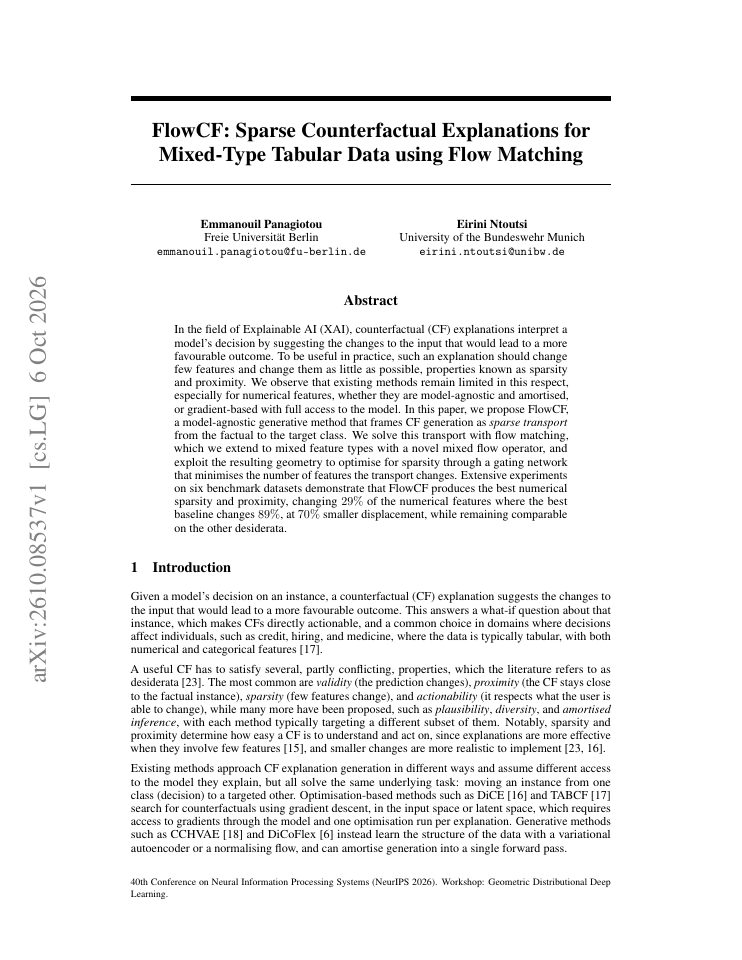 First page of FlowCF: Sparse Counterfactual Explanations for Mixed-Type Tabular Data using Flow Matching