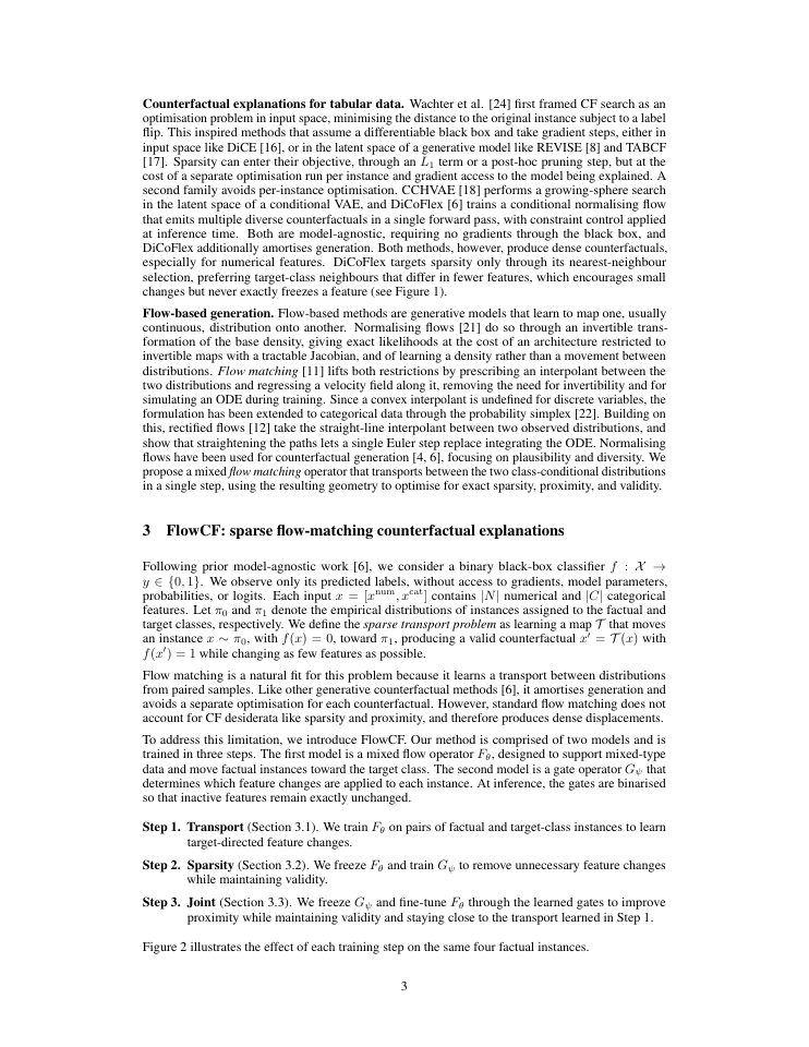 Page 3 of FlowCF: Sparse Counterfactual Explanations for Mixed-Type Tabular Data using Flow Matching