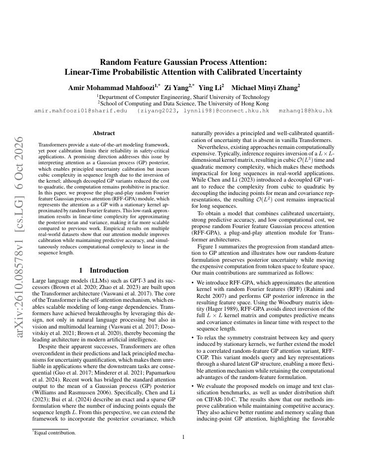First page of Random Feature Gaussian Process Attention: Linear-Time Probabilistic Attention with Calibrated Uncertainty