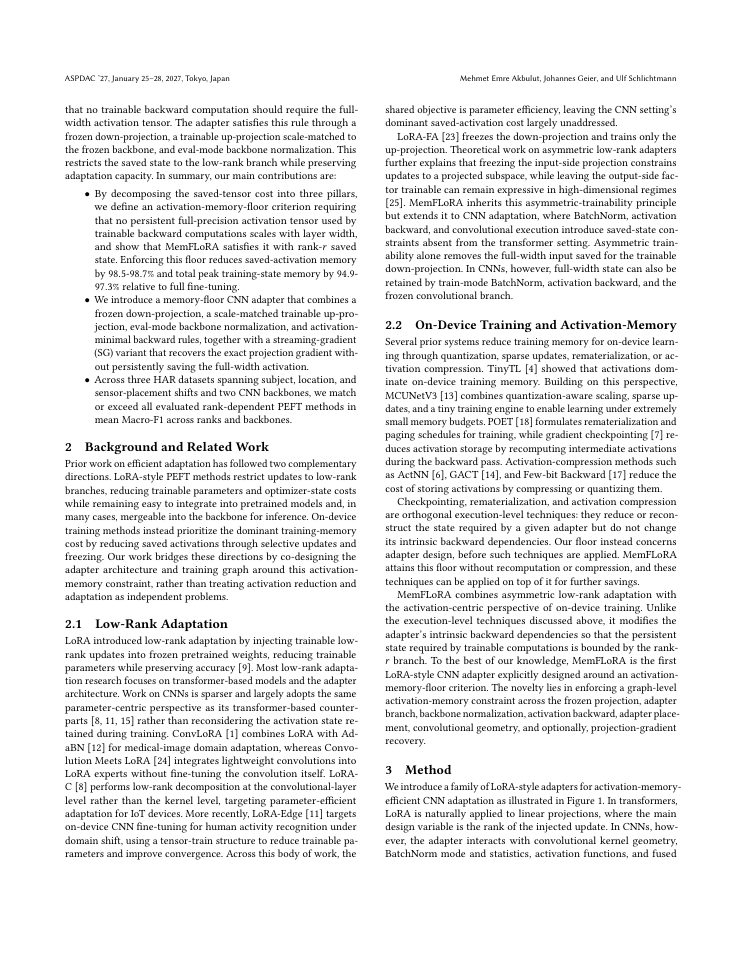 Page 2 of MemFLoRA: Memory-Floor LoRA for CNN Adaptation at the Edge