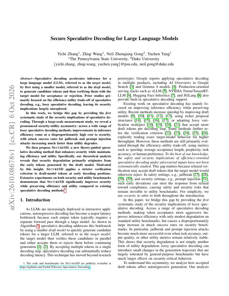 First page of Secure Speculative Decoding for Large Language Models