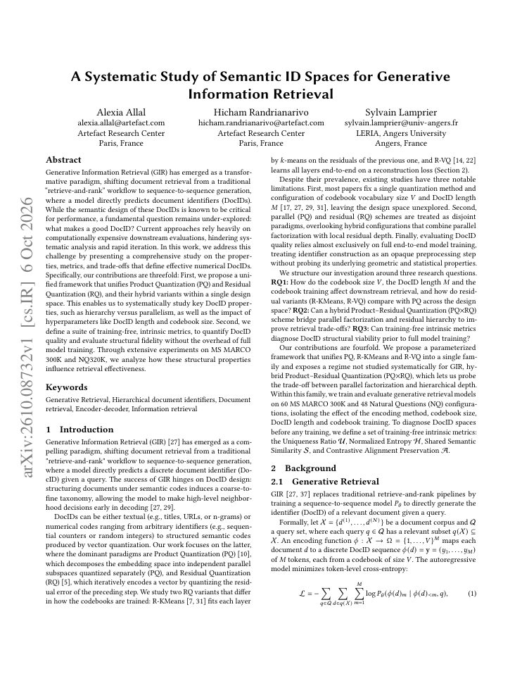 First page of A Systematic Study of Semantic ID Spaces for Generative Information Retrieval