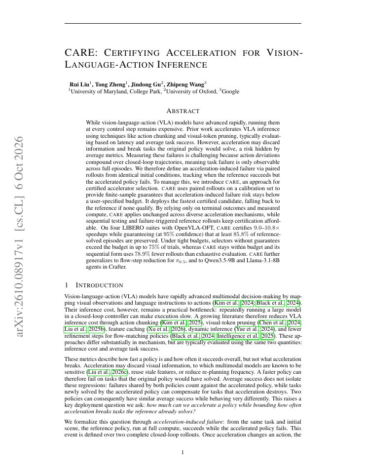First page of CARE: Certifying Acceleration for Vision-Language-Action Inference