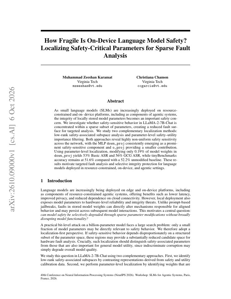 First page of How Fragile Is On-Device Language Model Safety? Localizing Safety-Critical Parameters for Sparse Fault Analysis