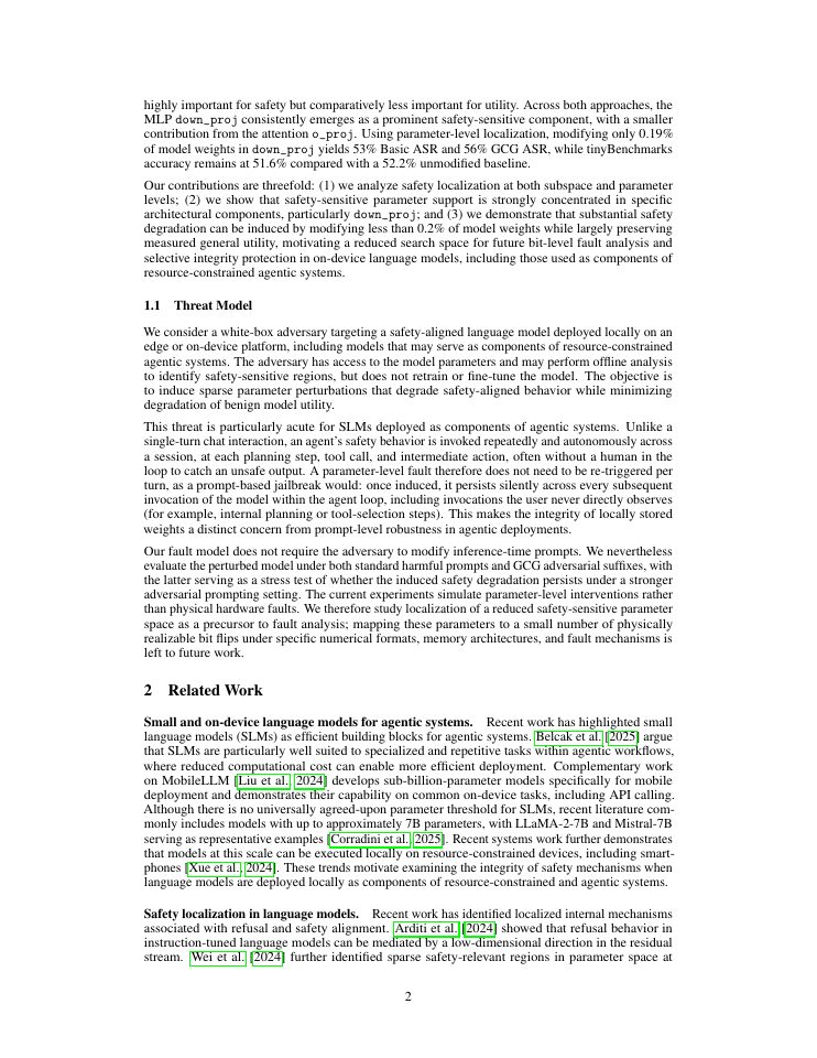 Page 2 of How Fragile Is On-Device Language Model Safety? Localizing Safety-Critical Parameters for Sparse Fault Analysis